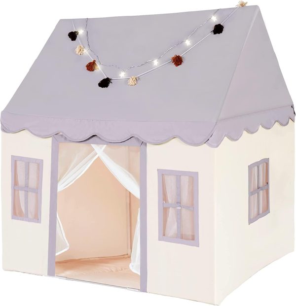 Play Tent with mat, Star Lights, Tissue Garland, Kids playtent Indoor, Toddler Play Tent Large Outdoors for Kids Aged 3+, 52" x35" x 52", Toddler Teepee Play House with Windows Grey Color