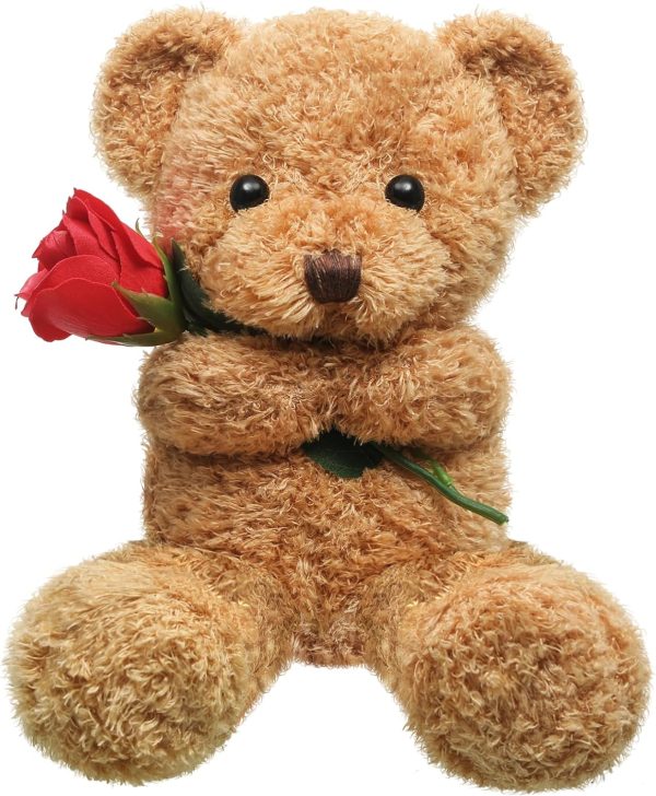Bear Stuffed Animal Gift with Rose Funny Cute Bear Stuffed Animal Plush Gift for Mother Girlfriend Birthday Wedding Mother's Day, 11.8 Inches(Beige)