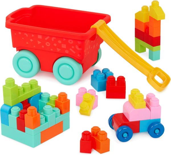 – Building Blocks – 47Pc Brick Set – Colorful & Chunky Bricks – Unique Wheel Bricks – 12 Months + –  Red Builder's Wagon