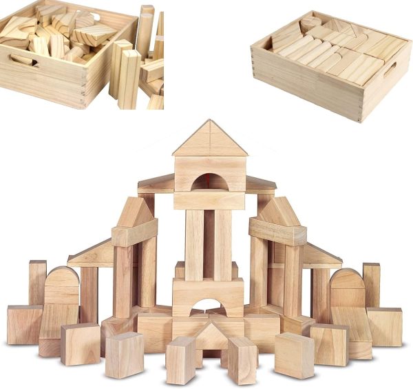 Standard Unit Building Blocks for Toddlers with Storage Tray (64 Pcs) Sanded Wood Blocks for Children, Original STEAM, and  Learning, Classic Wooden Toys for Kids Parties and Classrooms