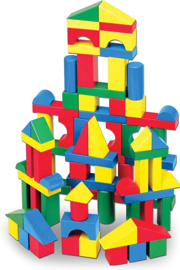 Wooden Building Blocks Set - 100 Blocks in 4 Colors and 9 Shapes Classic Kids Toys, Colored Wood For Toddlers Ages 2+ - FSC-Certified
