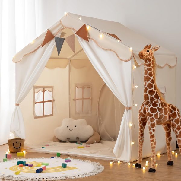 Kids Tent, Kids Playhouse 2 in 1 with Padded Mat and Lights, Large Play Tent with 2 Doors & 4 Windows, Kids Play Tent Indoor & Outdoor, Christmas Toddler Tent for Kids, 51" x35" x 51"