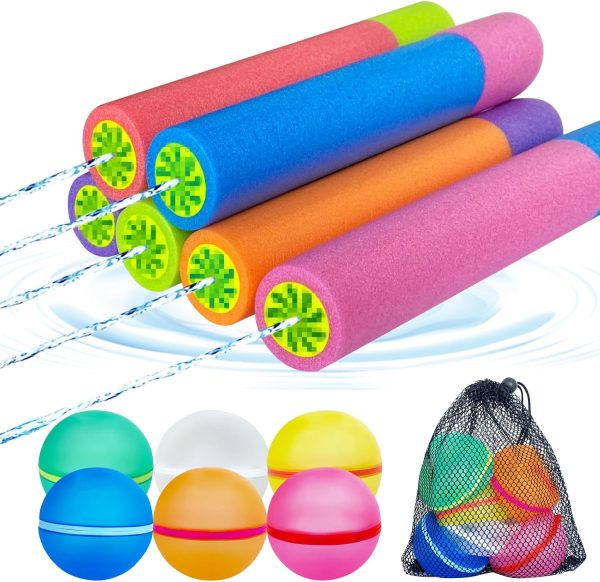 12 Pack Water Gun Blaster&Water Balloons Set,6 Squirt Gun,6 Magnetic Reusable Water Balloons for Pool Noodles Outdoor Water Toys
