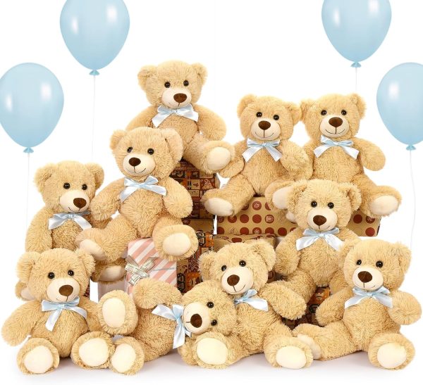 Bulk Teddy Bear for Baby Shower,10-Pack Teddy Bear Stuffed Animals Bulk,14 in Teddy with Baby Blue Bow,Soft Stuffed Animal Wholesale for Birthday Christmas Valentine's,Brown