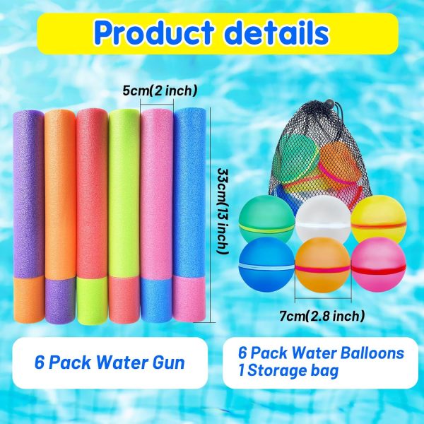 12 Pack Water Gun Blaster&Water Balloons Set,6 Squirt Gun,6 Magnetic Reusable Water Balloons for Pool Noodles Outdoor Water Toys - Image 2